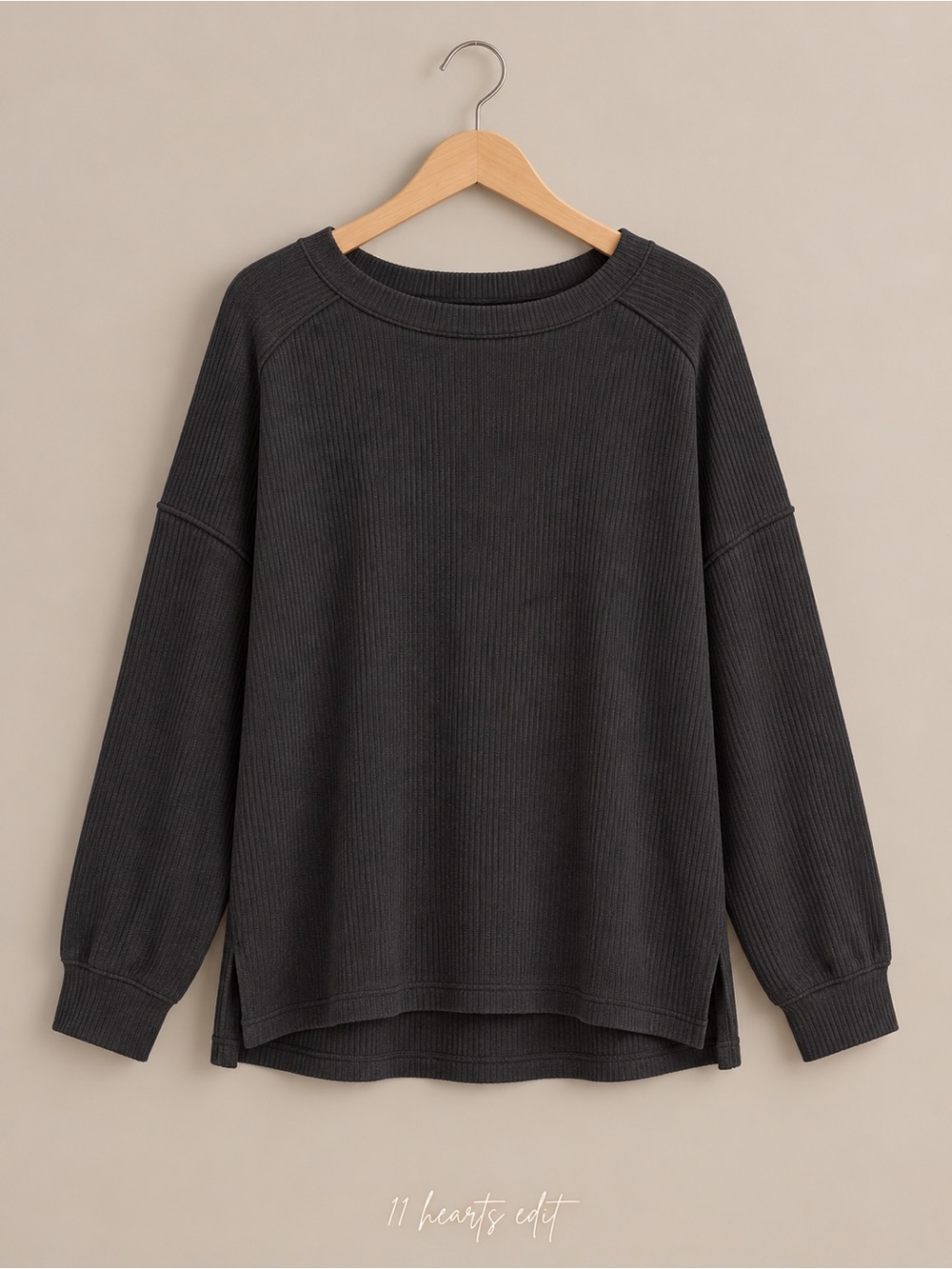 Zenana Raised Rib Raw Edge Boat Neck Long Sleeve Top Black S/M
